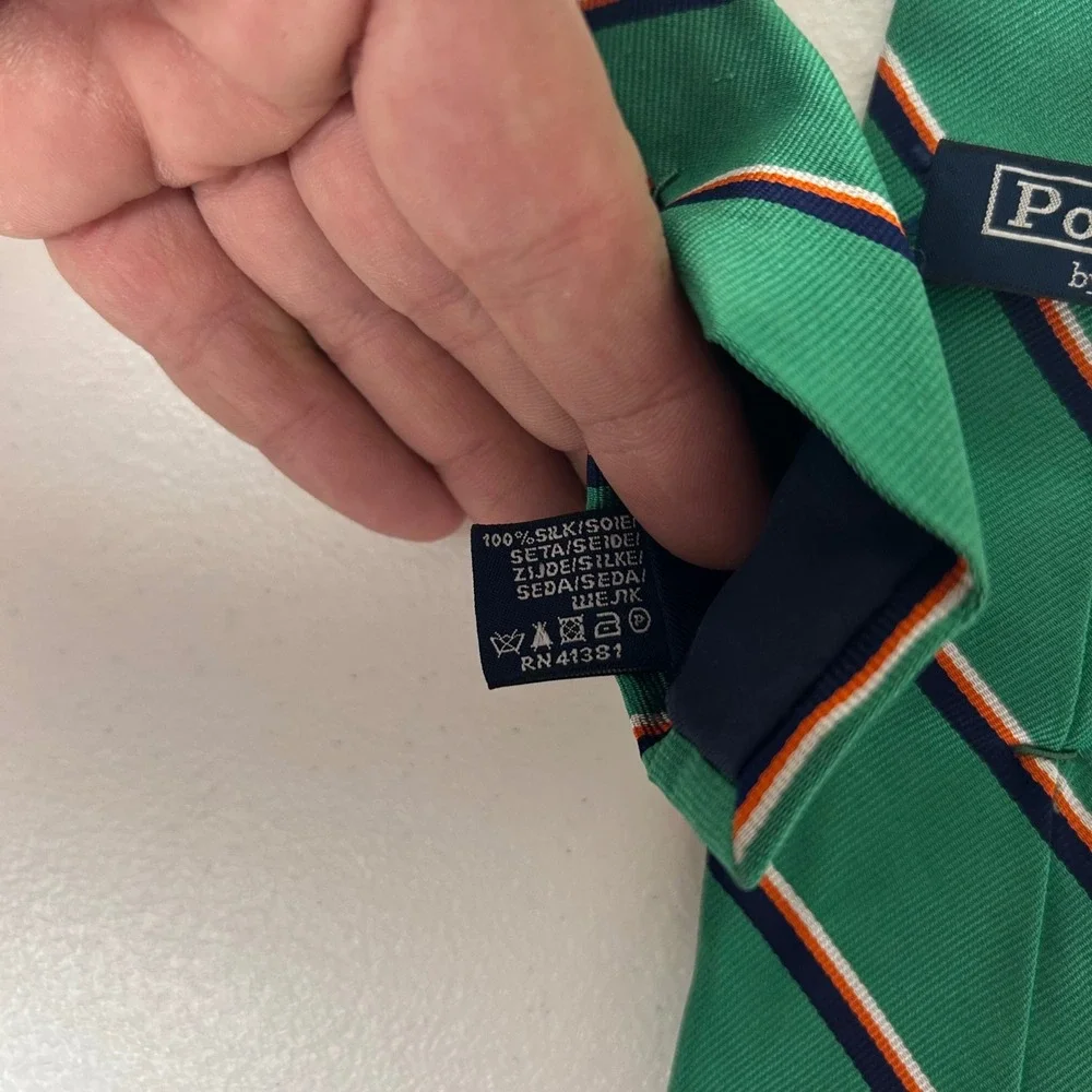 Polo Ralph Lauren Necktie Mens Green Striped Silk Hand Made Italy 59.5